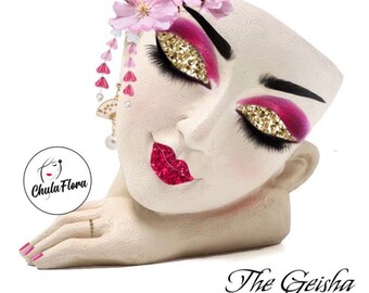 THE GEISHA - Hand Painted Resin Flower Planter – Decorative Flower Pot, Indoor Decor