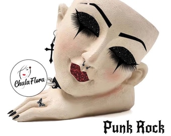 PUNK ROCK - Hand Painted Resin Flower Planter – Decorative Flower Pot, Indoor Decor