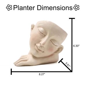 May include: White ceramic planter shaped like a sleeping person's head. The planter measures 8.27 inches wide, 6.30 inches tall, and 5.91 inches deep.