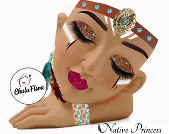 NATIVE PRINCESS - Hand Painted Resin Flower Planter – Decorative Flower Pot, Indoor Decor
