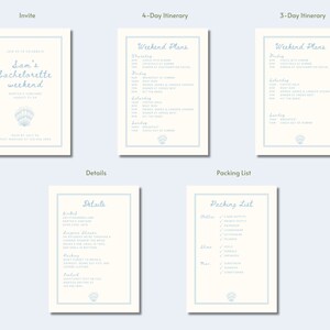 May include: A printable bachelorette weekend invitation with a blue and white color scheme. The invitation includes a 4-day itinerary, a 3-day itinerary, details, and a packing list. The invitation features a seashell design.