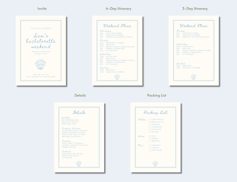 May include: A printable bachelorette weekend invitation with a blue and white color scheme. The invitation includes a 4-day itinerary, a 3-day itinerary, details, and a packing list. The invitation features a seashell design.