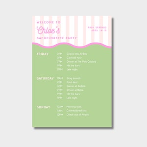 Bachelorette Itinerary Template | Customizable Bachelorette Invitation Template | Pink | Green | Palm Springs | Preppy | Coastal | Stripe
