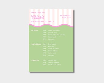 Plantilla de itinerario de despedida de soltera rosa y verde (descarga digital)