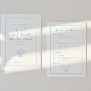 May include: Two light blue invitation cards with text. One card reads "Sam's last toast on the coast" with event details and a seashell graphic. The other card lists weekend plans. RSVP by July 25.