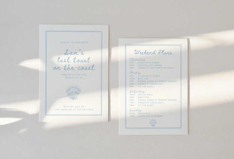 May include: Two light blue invitation cards with text. One card reads "Sam's last toast on the coast" with event details and a seashell graphic. The other card lists weekend plans. RSVP by July 25.