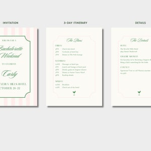 Classic Bachelorette Invitation | Bachelorette Itinerary | Pink Green Stripe | Beverly Hills | New York | Chic Preppy Bachelorette Invite image 2