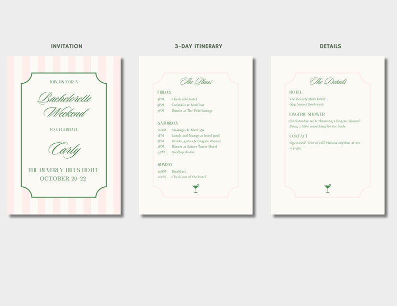 Classic Bachelorette Invitation | Bachelorette Itinerary | Pink Green Stripe | Beverly Hills | New York | Chic Preppy Bachelorette Invite image 2