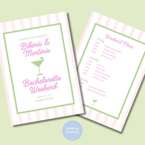 Bikinis Martinis Bachelorette Invitation & Itinerary | Customizable Bachelorette Template | Pink Green | Palm Springs Palm Beach Charleston