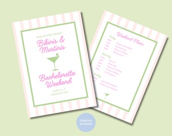 Bikinis Martinis Bachelorette Invitation & Itinerary | Customizable Bachelorette Template | Pink Green | Palm Springs Palm Beach Charleston