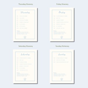 May include: A four-page itinerary for a weekend event. Each page features a blue and white design with the day of the week and a list of activities. The text includes times and descriptions of the activities. The pages are titled "Thursday Itinerary", "Friday Itinerary", "Saturday Itinerary", and "Sunday Itinerary".