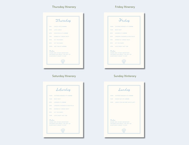 May include: A four-page itinerary for a weekend event. Each page features a blue and white design with the day of the week and a list of activities. The text includes times and descriptions of the activities. The pages are titled "Thursday Itinerary", "Friday Itinerary", "Saturday Itinerary", and "Sunday Itinerary".