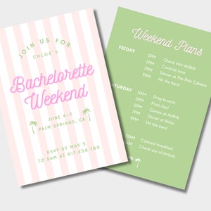 Bachelorette Invitation & Itinerary | Customizable Bachelorette Template | Pink | Green | Palm Springs | Palm Beach | Preppy | Coastal