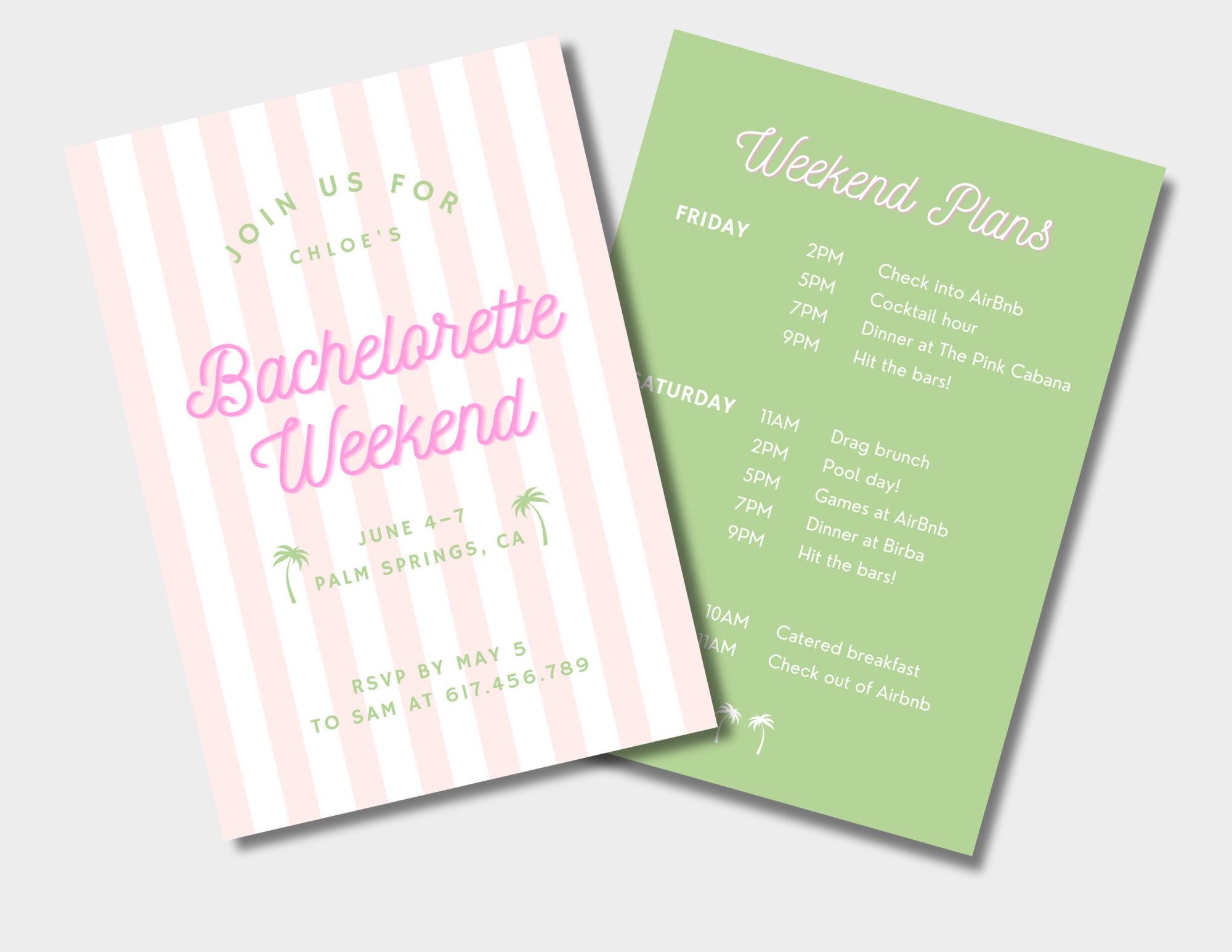 Bachelorette Invitation & Itinerary | Customizable Bachelorette Template | Pink | Green | Palm Springs | Palm Beach | Preppy | Coastal