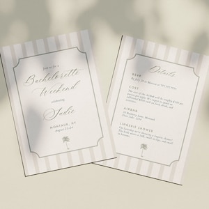 Classic Bachelorette Invitation & Itinerary | Customizable Bachelorette Template | Beach Costal | Hamptons Palm Beach Montauk Preppy Stripe