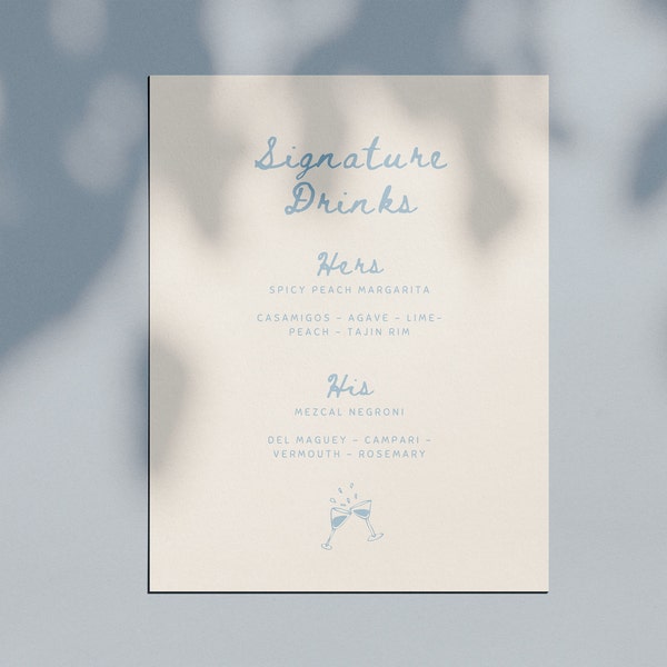 Blue White Wedding Bar Menu | Printable Customizable Signature Drinks List | Coastal Chic Wedding | Wedding Suite | Gray Sage Green