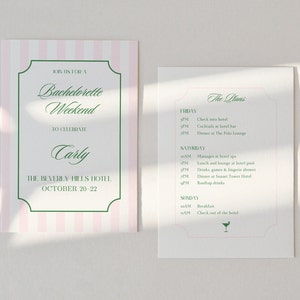 Classic Bachelorette Invitation | Bachelorette Itinerary | Pink Green Stripe | Beverly Hills | New York | Chic Preppy Bachelorette Invite image 7