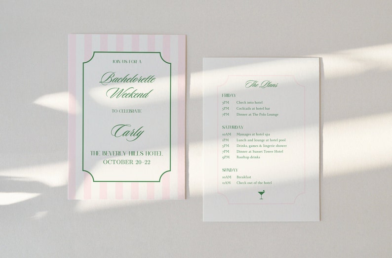 Classic Bachelorette Invitation | Bachelorette Itinerary | Pink Green Stripe | Beverly Hills | New York | Chic Preppy Bachelorette Invite image 7