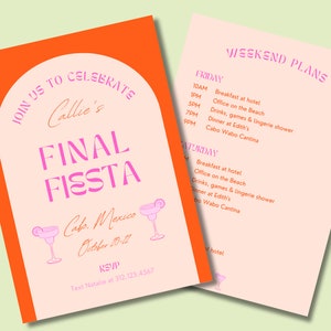 Bachelorette Itinerary & Invitation | Customizable Bachelorette Template | Pink | Orange | Fun | Cabo | Cancun | Mexico | Tulum