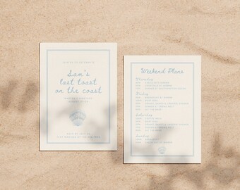 Coastal Bachelorette Invitation & Itinerary | Customizable Bachelorette Template | Blue White Shell | Hamptons Palm Beach Martha's Vineyard