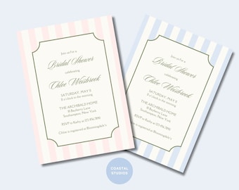 Bridal Shower Invitation Template | Customizable Bridal Shower Invite | Pink Blue Green Stripes | Chic Classic Invite | Printable