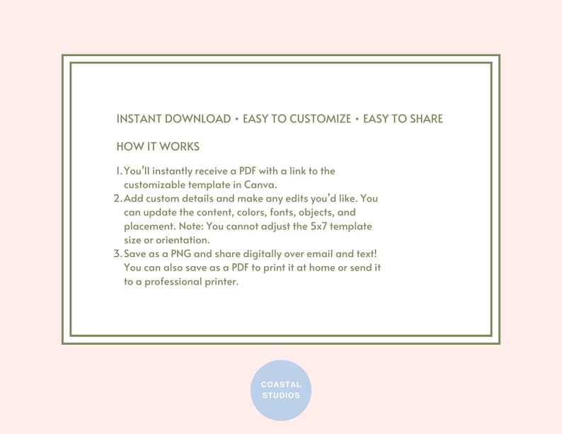 May include: A green rectangle with white text that reads "INSTANT DOWNLOAD - EASY TO CUSTOMIZE - EASY TO SHARE" and "HOW IT WORKS". The text below explains how to use a downloadable template. The text includes the words "Canva", "PDF", "PNG", "5x7", and "email".
