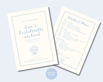 DELUXE Coastal Bachelorette Invitation & Itinerary | Customizable Template | Blue White Shell | Hamptons Palm Beach Martha's Vineyard