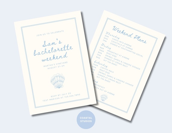 Coastal Bachelorette Invitation & Itinerary Template: Blue Shell Design (Digital Download)