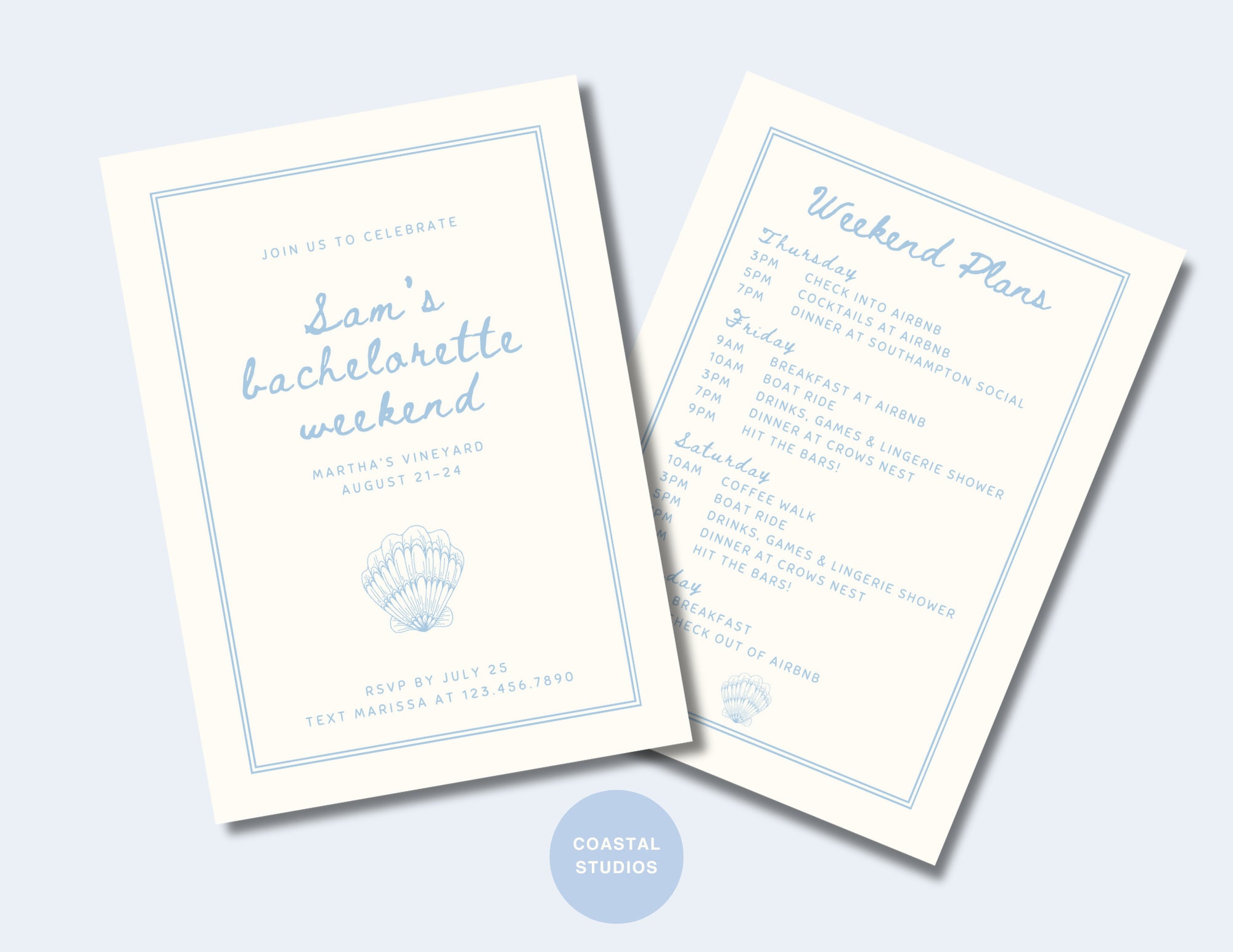DELUXE Coastal Bachelorette Invitation & Itinerary | Customizable Template | Blue White Shell | Hamptons Palm Beach Martha's Vineyard