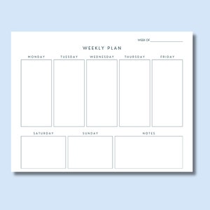May include: A black and white weekly planner with the text "WEEKLY PLAN" at the top. The planner is divided into seven days of the week: Monday, Tuesday, Wednesday, Thursday, Friday, Saturday, and Sunday. There is also a section for notes.