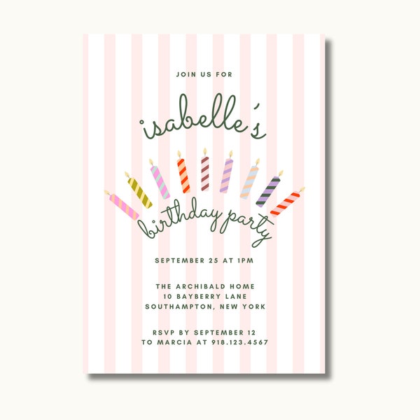 Birthday Invitation Template | Customizable Birthday Party Invite | Pink Blue Lavender Stripes | Candles | Preppy Invite | Printable
