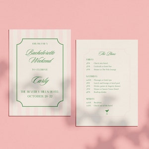 May include: A white and green invitation for a bachelorette weekend to celebrate Carly at The Beverly Hills Hotel from October 20-22. The invitation includes a list of activities planned for the weekend, including spa treatments, cocktails, and dinner.