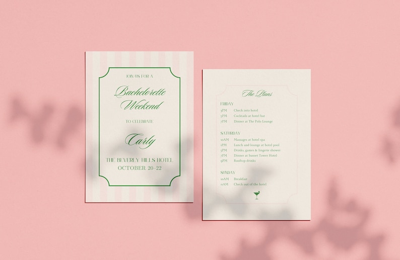 May include: A white and green invitation for a bachelorette weekend to celebrate Carly at The Beverly Hills Hotel from October 20-22. The invitation includes a list of activities planned for the weekend, including spa treatments, cocktails, and dinner.