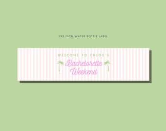 Printable Water Bottle Label |  Pink White Stripe Bachelorette | Customizable Bachelorette | Palm Springs | Palm Beach Preppy Coastal