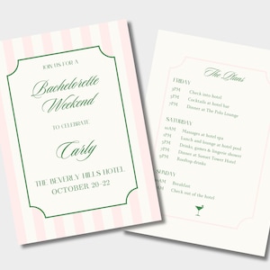 Classic Bachelorette Invitation | Bachelorette Itinerary | Pink Green Stripe | Beverly Hills | New York | Chic Preppy Bachelorette Invite