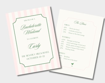 Classic Bachelorette Invitation | Bachelorette Itinerary | Pink Green Stripe | Beverly Hills | New York | Chic Preppy Bachelorette Invite