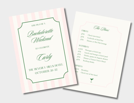 Classic Bachelorette Invitation | Bachelorette Itinerary | Pink Green Stripe | Beverly Hills | New York | Chic Preppy Bachelorette Invite