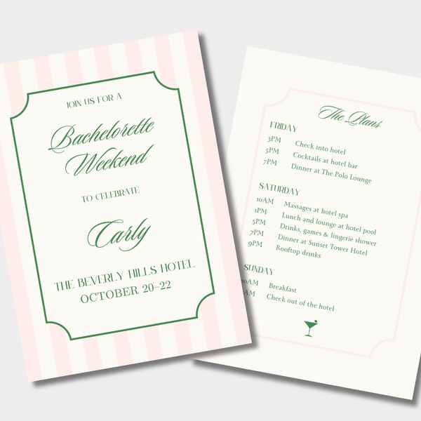 Classic Bachelorette Invitation | Bachelorette Itinerary | Pink Green Stripe | Beverly Hills | New York | Chic Preppy Bachelorette Invite