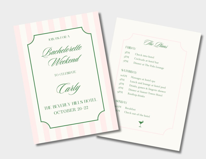 bachelorette invite, bachelorette itinerary, editable template, custom template, bachelorette party invitation, canva template, bachelorette plans, minimalist, pink and green, preppy, beverly hills, new york, bachelorette invitation
