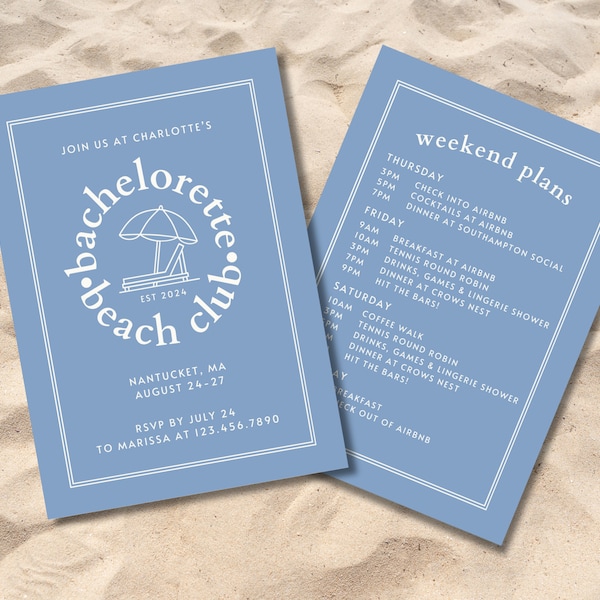 Bachelorette Invitation & Itinerary | Customizable Bachelorette Template | Blue White Beach Club | Hamptons Palm Beach Nantucket | Pool Club