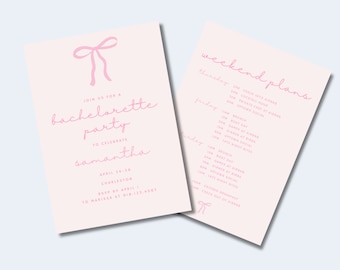 Pink Bow Bachelorette Invitation & Itinerary | Customizable Bachelorette Template | Coquette | Palm Springs | Palm Beach | Charleston