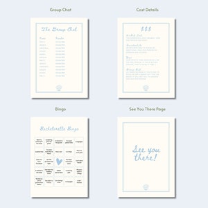 May include: A printable bachelorette party planning guide with sections for group chat, cost details, bingo, and a see you there page. The guide features a light blue and white color scheme with a floral design.
