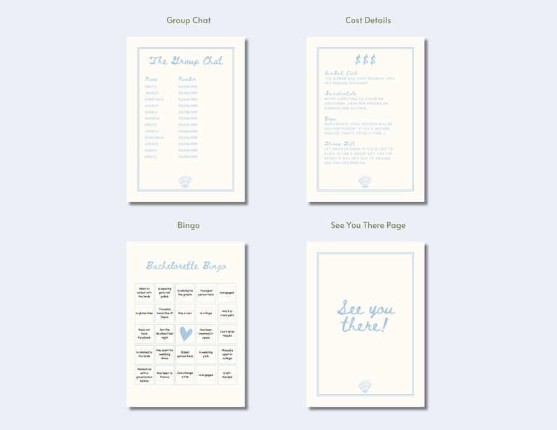 May include: A printable bachelorette party planning guide with sections for group chat, cost details, bingo, and a see you there page. The guide features a light blue and white color scheme with a floral design.