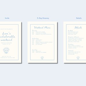 May include: Three-panel invitation suite for a bachelorette weekend. The invitation features text "Sam's bachelorette weekend" and a seashell graphic. The itinerary and details are also included, with a light blue and cream color scheme.