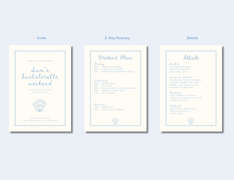 May include: Three-panel invitation suite for a bachelorette weekend. The invitation features text "Sam's bachelorette weekend" and a seashell graphic. The itinerary and details are also included, with a light blue and cream color scheme.