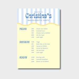 Bachelorette Itinerary Template | Customizable Bachelorette Invitation Template | Blue | Yellow | Coastal | Wavy | Stripe