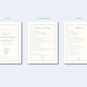 May include: Three invitation cards with a light blue border and text. The first card says "Sam's bachelorette weekend" with a seashell graphic. The second card lists a 4-day itinerary. The third card provides details, including a lingerie shower.