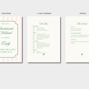 May include: A pink and white striped invitation for a bachelorette weekend to celebrate Carly at The Beverly Hills Hotel from October 20-22. The invitation includes a 4-day itinerary with details about the hotel, activities, and contact information.