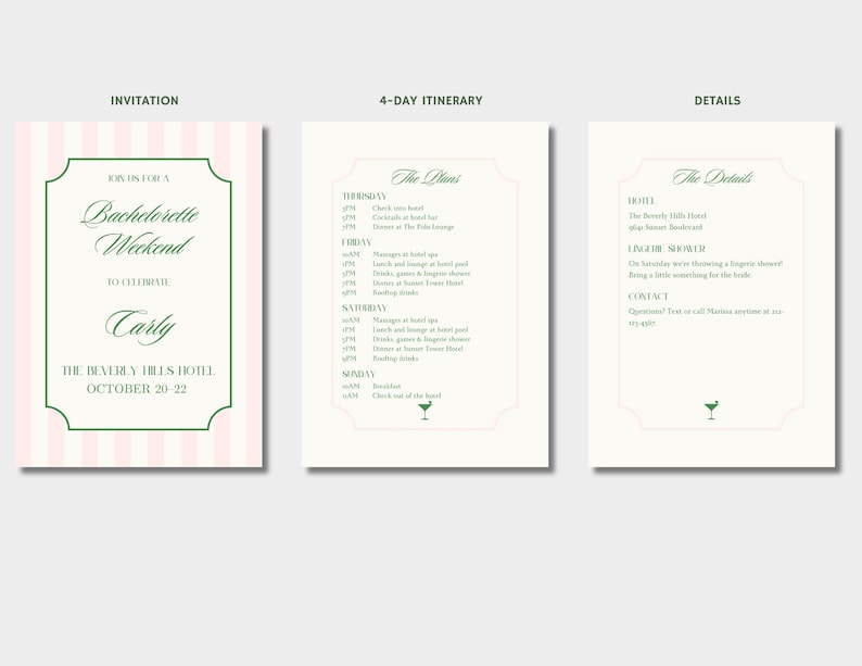 May include: A pink and white striped invitation for a bachelorette weekend to celebrate Carly at The Beverly Hills Hotel from October 20-22. The invitation includes a 4-day itinerary with details about the hotel, activities, and contact information.