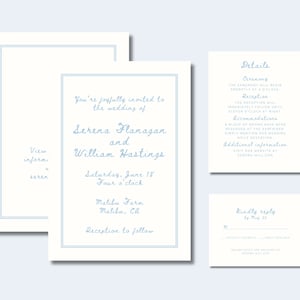 Blue White Wedding Invitation Suite | Printable Customizable Wedding Invite | Coastal Chic Wedding | RSVP card | Details | Gray Sage Green